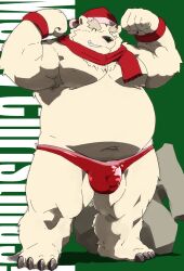 2022 anthro bear belly big_belly bulge christmas christmas_clothing christmas_headwear closed_eyes clothing hat headgear headwear hi_res holidays humanoid_hands kemono kisukemk777 male male_only mammal overweight overweight_male polar_bear santa_hat scarf solo underwear ursine