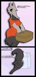 anteater anthro appliance ass big_butt big_tail black_eyes blush bottomless clothed clothing dark_body dark_fur dialogue eyelashes female fur genitals grey_body grey_fur head_tuft hi_res mammal orange_clothing orange_shirt orange_topwear pilosan pink_background pussy rear_view shirt simple_background solo stuck text thick_thighs topwear tuft washing_machine what_are_you_doing,_step_bro? wide_hips xenarthran xskullstomperx