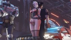 1boy 1girls 3d areolae armor ashe_(overwatch) balls big_penis blender blizzard_entertainment bob_(overwatch) bottomless breasts breasts_out car close-up clothed clothing detailed_background duo erection female foreskin grinding half-dressed half_naked highres huge_cock humping light-skinned_female light-skinned_male light_skin looking_pleasured male male/female medium_breasts nipples outdoors outside overwatch overwatch_2 penis pleasure_face police police_car police_hat police_officer pussy robot rubbing_pussy sex standing standing_sex tattoo thick_thighs thigh_sex tiaz-3dx vagina watermark white_hair