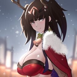 1girls alternate_costume antlers artist_name bangs bell bell_collar bikini black_hair blurry_background bow bra breasts bridal_gauntlets brown_eyes cape christmas christmas_clothing christmas_headwear christmas_outfit cleavage cloak female female_only fire_emblem fire_emblem_awakening fire_emblem_heroes fur_trim hair_ornament highres ihsnet intelligent_systems large_breasts long_hair looking_at_viewer nintendo official_alternate_costume smile snow solo tharja_(fire_emblem) tharja_(winter)_(fire_emblem) thighhighs tiara two_side_up underwear watermark