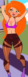 1girls cameltoe disney disney_channel female female_only green_eyes hands_behind_head ironcoin kim_possible kimberly_ann_possible nipple_bulge orange_hair pokies solo tight_clothing