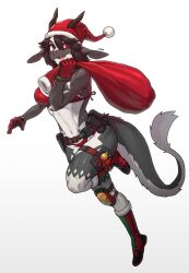 1girls anthro bent_leg black_body black_hair chabett christmas christmas_headwear dragon dragon_horns dragon_tail female female_only hi_res horns looking_at_viewer red_eyes running schewiener smiling_at_viewer solo tail two_tone_body white_background white_body