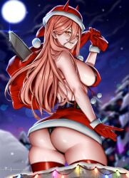 1girls alternate_breast_size ass breasts bubble_butt chainsaw_man christmas enmanuelart20 female grin hat large_ass light-skinned_female light_skin long_hair looking_at_viewer naughty_face outdoors panties power_(chainsaw_man) santa_hat sideboob smile strawberry_blonde_hair