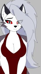 black_nose breasts furry grey_fur grey_hair helluva_boss innocent innocent_smile loona_(helluva_boss) pabloxloona red_bra red_eyes smile taller_girl vivienne_medrano vivziepop white_body white_ears white_fur white_hair wolf wolf_ears wolf_girl