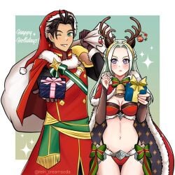 1boy 1girls alternate_costume antlers artist_name bauble bell bell_collar bikini blush bow cape christmas christmas_bikini christmas_outfit chrom_(fire_emblem)_(cosplay) claude_von_riegan clothed_male cosplay edelgard_von_hresvelg female fire_emblem fire_emblem:_three_houses fire_emblem_awakening fire_emblem_heroes fur_trim green_background green_eyes intelligent_systems long_hair looking_at_viewer male nintendo one_eye_closed panties plain_background present purple_eyes red_panties rein_creamsoda revealing_clothes sack santa_costume santa_hat simple_background skimpy tharja_(fire_emblem)_(cosplay) thong underwear watermark white_background white_hair