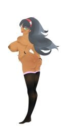 2021 artist_name ass back_view big_breasts black_hair blue_eye brown_skin hairband hand_on_butt hand_on_hip heterochromia long_hair looking_at_viewer looking_back nipples orange_eye purple_lipstick renv thighhighs tiptoes