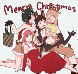 5girls big_breasts blonde_hair blush chainsaw_man christmas christmas_outfit cleavage embarrassed female female_only higashiyama_kobeni himeno_(chainsaw_man) ikanyoikanikan makima_(chainsaw_man) mappa merry_christmas multiple_girls power_(chainsaw_man) santa_costume sawatari_akane short_dress wholesome yuri