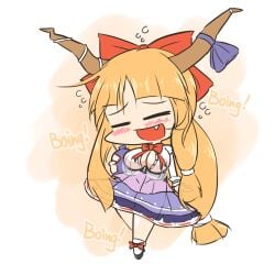 1girls alternate_breast_size bottle bouncing_breasts bow breasts chibi cleavage clothed drunk hair_ribbon hairbow horns large_breasts oni oni_horns skirt solo suika_ibuki touhou yukihind