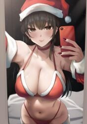 1girls bikini breasts brunette busty christmas cleavage curvaceous curvy female female_only large_breasts looking_at_viewer mirror_selfie nail_polish original phone r_kitada red_bikini santa_costume santa_hat selfie smile smiling_at_viewer