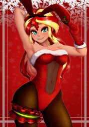 1girls abs armpits arms_up bare_shoulders breasts bunny_ears christmas christmas_clothing christmas_outfit cleavage costume deviantart_link equestria_girls female female_only friendship_is_magic gloves holding_mistletoe holding_object holidays human humanized imminent_kiss lips looking_at_viewer mistletoe multicolored_hair my_little_pony presenting_armpit presenting_armpits seductive seductive_look seductive_smile smile smiling solo solo_female sunset_shimmer the-park two_tone_hair voluptuous voluptuous_female waist wide_hips