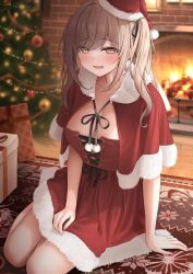 1girls amber_eyes bangs blush box breasts brown_eyes brown_hair christmas christmas_outfit christmas_tree clavicle cleavage clothing eyes_visible_through_hair female hair_ornament hat headwear high_resolution large_breasts light-skinned_female light_skin looking_at_viewer monaka_curl original parted_lips red_headwear rug santa_hat smile solo tied_hair twintails