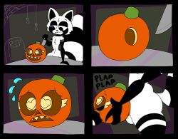 <3_eyes absurd_res animate_inanimate anthro black_body comic duo food food_fuck fruit fucking_pumpkin genitals halloween heart hi_res holidays knife male mammal multicolored_body penetrating_food penetration penis plant procyonid pumpkin raccoon rex_raccoon_(rexon02) rexon02 small_waist thick_thighs two_tone_body white_body wide_hips