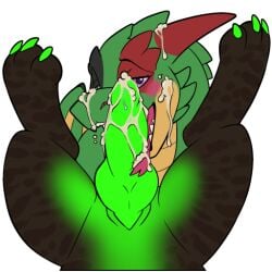 black_body bodily_fluids cum dragon duo feral genital_fluids genitals green_body heterochromia horn knot male oral penis symrea talons telegram_sticker