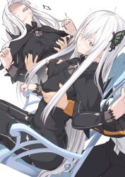 1boy 1girls black_dress blush breast_grab breast_squeeze breasts covered_nipples dress echidna_(re:zero) from_behind grabbing grabbing_from_behind groping groping_breasts heavy_breathing large_breasts light-skinned_female light_skin multiple_views natsuki_subaru re:zero_kara_hajimeru_isekai_seikatsu shiseki_hirame sideboob sitting solo_focus straight white_hair