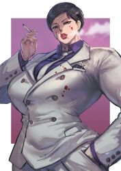 1girls artist_request baki baki_the_grappler big_ass big_breasts big_butt big_hips big_thighs business_suit business_woman cigarette female female_only fit_female fully_clothed gender_transformation genderswap genderswap_(mtf) grappler_baki kaoru_hanayama mommy_kink muscular_female rule_63 scar smoking solo source_request suit thick_ass thick_thighs very_short_hair