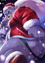 2022 anthro ass bear belly big_belly blush bodily_fluids christmas christmas_clothing christmas_headwear clothing hat headgear headwear hi_res holidays inuiookawa kemono male mammal moobs nipples outside overweight overweight_male santa_claus santa_hat snow snowing solo sweat underwear