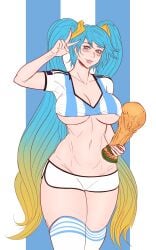 1girls 2022_fifa_world_cup argentina argentinian clothed clothing fifa league_of_legends looking_at_viewer national_personification niramoli partially_clothed peace_sign sona_buvelle thick_thighs wide_hips world_cup