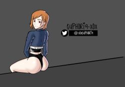 1girls ass ass_focus black_underwear blazer euphoria-xox female female_only ginger ginger_hair jujutsu_kaisen kugisaki_nobara looking_at_viewer sitting solo solo_female student