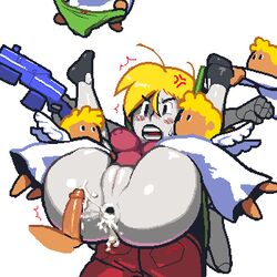 anal anal_sex angry ass blush bottomless bute cave_story cum_in_ass cum_inside cum_on_ass cum_string curly_brace female frown gun noill penis pussy quote_(cave_story) restrained spread_legs vagina weapon