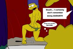 ass back_view breasts color female golf_club human incest kneeling maggie_simpson marge_simpson nipples tagme the_simpsons yellow_body