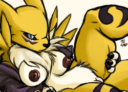 3_fingers anthro black_nose black_sclera blue_eyes blush breasts claws closed_mouth color digimon female female_only fur furry furry_breasts furry_ears furry_tail mel_the_hybrid nipples open_eyes pointy_ears renamon side_view solo tail vulva white_background white_fur yellow_fur