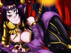 black_hair breasts cleavage come_hither condom demon digimon digimon_(species) female female_only horns lilithmon purple_eyes seductive seductive_smile seven_great_demon_lords solo succubus tagme wings