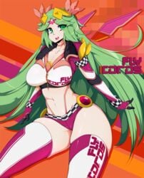 big_breasts breasts cosplay female female_only green_eyes green_hair icaras kid_icarus palutena race_queen slugbox smile solo thick_thighs wipeout