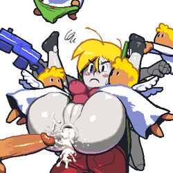 anal anal_sex ass blush bottomless bute cave_story cum_in_ass cum_inside cum_on_ass cum_string curly_brace frown gun noill penis pussy quote_(cave_story) rape restrained spread_legs vagina weapon