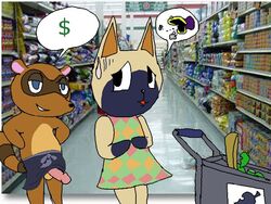 animal_crossing anthro artist_request dress female indoors male mitzi_(animal_crossing) nintendo penis source_request standing tanuki tom_nook toony topless year_request