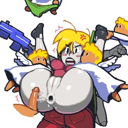 anal anal_sex angry ass blush bottomless bute cave_story cum curly_brace female frown green_panties gun noill penis pussy quote_(cave_story) restrained spread_legs vagina weapon