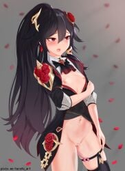 absurdres alternate_costume belly black_hair black_thighhighs blush breasts clenched_hands closed_mouth dress female flower fu_hua fu_hua_(blood_voivode) fu_hua_(shadow_knight) garter_straps hair_between_eyes hair_flower hair_ornament high_ponytail highres honkai_(series) honkai_impact_3rd long_hair long_sleeves looking_at_viewer navel nipples official_alternate_costume ponytail pussy red_eyes red_flower rose small_breasts solo thighhighs thighs torofu vampire watermark web_address