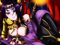 black_hair breasts cleavage come_hither condom demon digimon digimon_(species) eyeshadow female female_only horns lilithmon lipstick purple_eyes purple_lipstick seductive seductive_smile seven_great_demon_lords solo succubus tagme wings