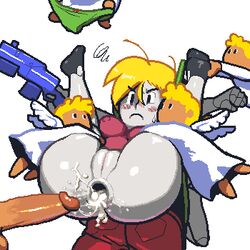 anal ass blush bottomless bute cave_story cum cum_in_ass cum_inside cum_on_ass cum_string curly_brace frown green_panties gun noill penis pussy quote_(cave_story) restrained spread_legs vaginal_penetration weapon