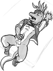 1boy anthro bottomless dinosaur dinosaurs_(series) lying male male_only masturbation monochrome on_back open_clothing partially_clothed penis quixotically_erotic robbie_sinclair solo tagme