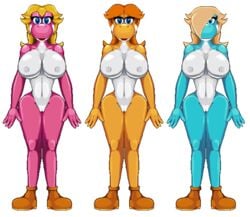 blonde_hair blue_eyes blue_skin breasts casetermk female female_only footwear mario_(series) multiple_females multiple_girls nintendo orange_skin pink_skin princess_daisy princess_peach princess_rosalina transformation transparent_background unnoticeableperson yoshi