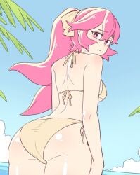 ass back_view background bikini female hair_between_eyes hair_ornament hair_ribbon lewdismug long_hair looking_at_viewer pink_hair ponytail rida_(vibrantrida) solo_female solo_focus swimsuit vibrantrida