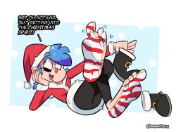 5_toes alex_(yourhardnerdcollector) blue_background blue_fingernails blue_hair blue_toenails boots_removed christmas dialogue feet female foot_focus nose_ring painted_feet santa_costume santa_hat snow solo yourhardnerdcollector