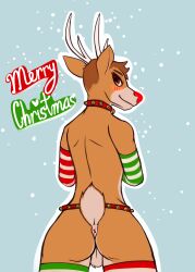 anthro antlers anus ass balls bell blush capreoline christmas christmas_clothing clothing deer deerest_stag digital_media_(artwork) fur genitals hair hi_res holidays horn jingle_bell legwear looking_at_viewer looking_back male mammal nude reindeer rudolph rudolph_the_red-nosed_reindeer rudolph_the_red_nosed_reindeer simple_background smile solo solo_focus stockings text