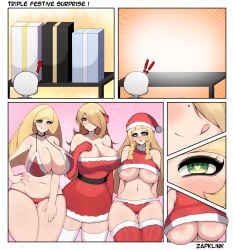 ! 1boy 3girls absurd_res aged_up big_breasts bikini blonde_hair blush breasts christmas christmas_outfit cynthia_(pokemon) female green_eyes grey_eyes hair_ornament heart-shaped_pupils highres huge_breasts light-skinned_female light_skin lillie_(pokemon) long_hair lusamine_(pokemon) mature_female milf mother_and_daughter nintendo pokemon pokemon_dppt pokemon_sm santa_hat skirt surprised thick_thighs voluptuous wide_hips younger_female zapklink