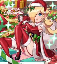 1girls bag blonde_hair blue_eyes blush christmas christmas_hat christmas_outfit clothed clothing earrings female female_only hair_over_one_eye heels hi_res holidays long_gloves mario_(series) mistletoe presents princess_rosalina santa_hat sarukaiwolf sitting solo super_mario_galaxy text thighhighs