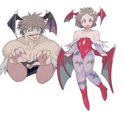 2boys aged_down alternate_costume bare_shoulders blush boots brown_eyes brown_hair bulge clothing cosplay crossdressing darkstalkers demon_boy demon_wings dgz_0 dual_persona embarrassed facial_tattoo femboy fluffy_hair full_body kengan_(series) kengan_ashura lilith_aensland_(cosplay) long_fingernails looking_at_viewer male male_only meguro_masaki messy_hair morrigan_aensland_(cosplay) muscular muscular_male off_shoulder sharp_claws sharp_fingernails smile tongue_out upper_body