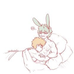 2boys after_sex bite_mark bite_marks bunny_ears embracing green_hair hugging in_bed izuku_midoriya katsuki_bakugou male_only marks mindlessdoofus my_hero_academia yaoi