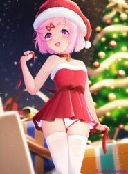 1girls bell_collar camel_toe cameltoe christmas_hat doki_doki_literature_club dress eroneko eroneko-senpai eroneko_senpai female_only hat natsuki_(doki_doki_literature_club) panties pink_eyes pink_hair santa_hat solo solo_female upskirt white_panties