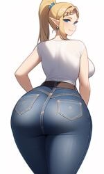 1girls ai_generated big_ass big_butt bimbo blonde_hair blue_eyes curvy curvy_figure gigantic_ass high_waisted_pants huge_ass huge_breasts looking_at_viewer nai_diffusion nintendo ponytail princess_zelda seductive_smile stable_diffusion the_legend_of_zelda thick_thighs voluptuous white_tank_top wide_hips