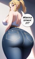 1girls ai_generated ass_focus big_ass big_butt bimbo blonde_hair brown_eyes curvy curvy_figure gigantic_ass high_waisted_pants huge_ass huge_breasts jeans looking_at_viewer nai_diffusion nintendo ponytail princess_zelda shiny_hair speech_bubble stable_diffusion the_legend_of_zelda thick_thighs tight_jeans voluptuous white_tank_top wide_hips