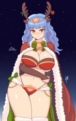 1girls alternate_costume antlers artist_name bell bell_collar blue_hair blush brown_eyes cape christmas christmas_headwear christmas_outfit cleavage cosplay female female_only fire_emblem fire_emblem:_three_houses fire_emblem_awakening fire_emblem_heroes fur fur_trim hair_ornament hand_on_hip intelligent_systems large_breasts light-skinned_female light_skin looking_at_viewer marianne_von_edmund night nintendo raydango sky smile solo stars tharja_(fire_emblem)_(cosplay) thick_thighs thong watermark