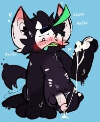 <3_eyes 8_nipples anthro balls big_ears black_body black_fur blush bodily_fluids breath colored_teeth cum cum_on_hand cum_on_self cum_string drooling ejaculation fur genital_fluids genitals goo_creature gradient_fur green_hair hair heart horn inkblot_(jamsire) jamsire kneeling male mask masturbation melting multi_nipple multicolored_body multicolored_fur nipples overweight panting paws penis saliva small_penis solo solo_male tail_motion tailwag thick_thighs