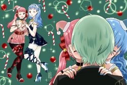 1boy 2girls ;d alternate_costume alternate_hairstyle bell blue_hair blue_nails breasts brown_eyes byleth_(fire_emblem) byleth_(fire_emblem)_(male) choker christmas cleavage closed_eyes collar dress earrings female fire_emblem fire_emblem:_three_houses gesture group_kissing hat heart heart_hands high_heels hilda_valentine_goneril kissing long_hair looking_at_viewer male marianne_von_edmund medium_breasts nail_polish nintendo one_eye_closed onikagura_(artist) open_mouth pantyhose pink_eyes pink_hair red_nails smile twintails wink