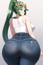 ai_generated ass_focus curvy curvy_figure gigantic_ass gold_eyes green_hair high_waisted_pants huge_ass huge_breasts jeans kid_icarus kid_icarus_uprising looking_at_viewer nai_diffusion nintendo palutena ponytail seductive_smile shiny_hair stable_diffusion tight_jeans voluptuous white_tank_top wide_hips