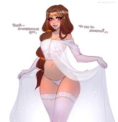 1girls blush brown_eyes brown_hair cleavage dialogue female female_only heart-shaped_pupils ilewdha isolde_(league_of_legends) league_of_legends lingerie long_hair navel necklace panties riot_games russian_text solo_female standing stockings text thighhighs white_panties